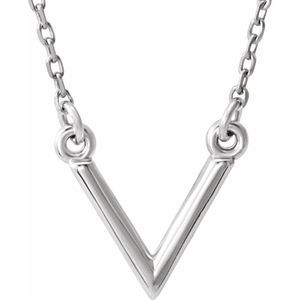 14k White Gold Small 10mm V Shaped Necklace, 16.5 Inch